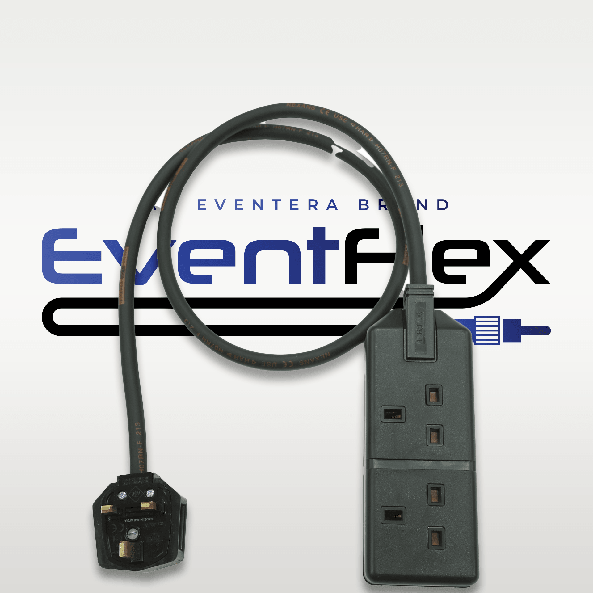 EventFlex -Heavy Duty Extension Cable 13A 2 Gang 230V with 1.5mm Black Rubber HO7 Cable - Eventera AV LTD