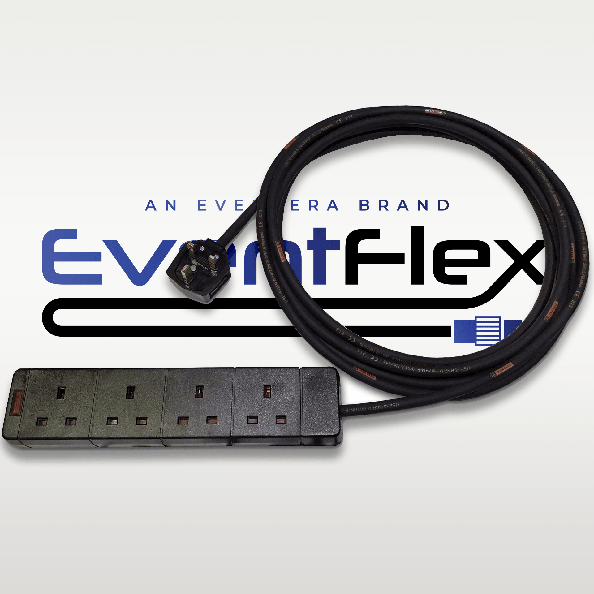 EventFlex - Heavy Duty Extension Cable 13A 4 Gang 230V with 1.5mm Black Rubber HO7 Cable - Eventera AV LTD