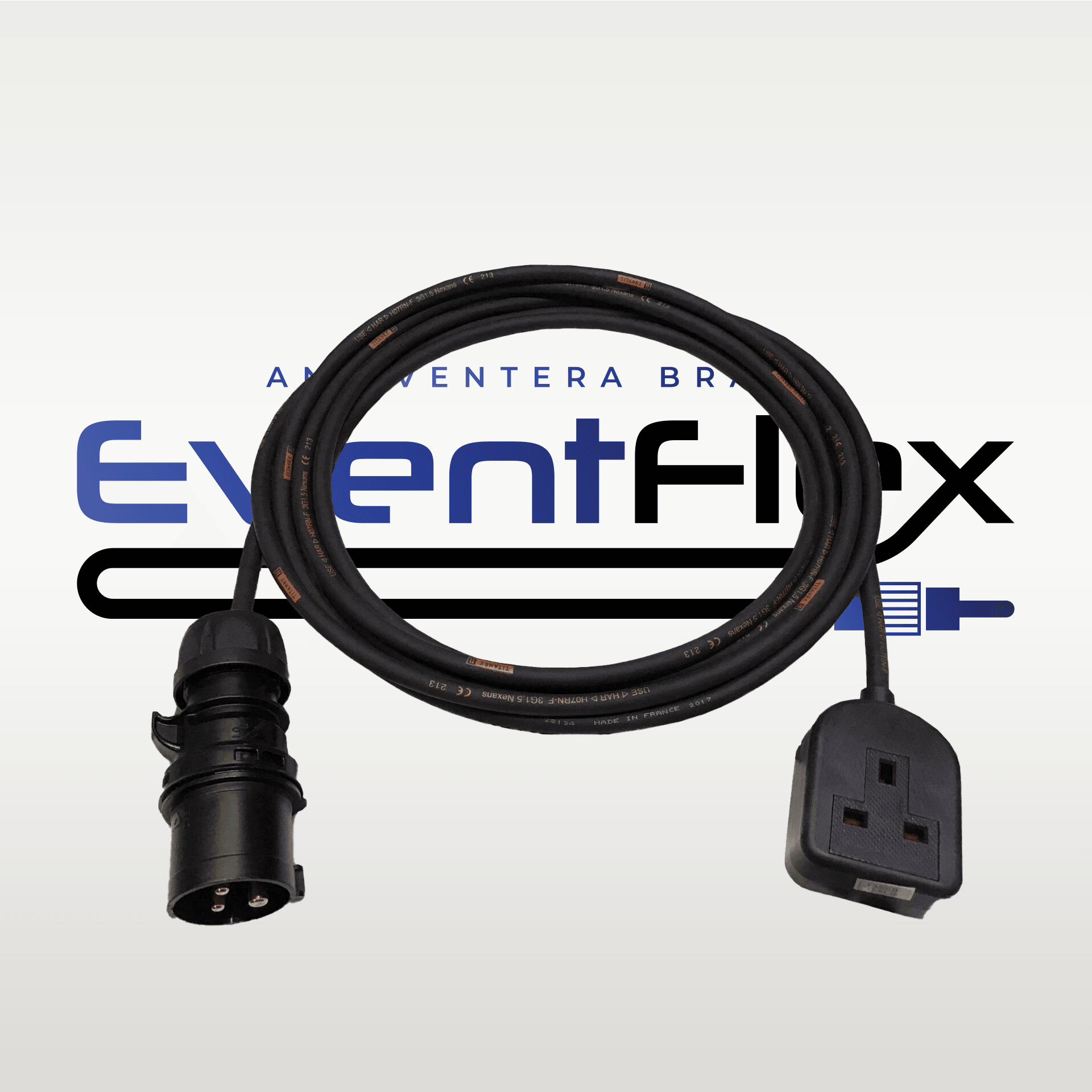 EventFlex - 16amp PCE Plug to 13a Single Gang 1.5mm HO7RN-F Cable - Eventera AV LTD